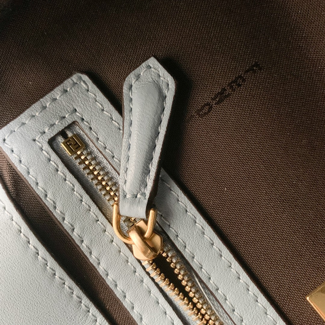 Fendi Light Blue FF Embossed Leather Baguette Bag with Gold Hardware