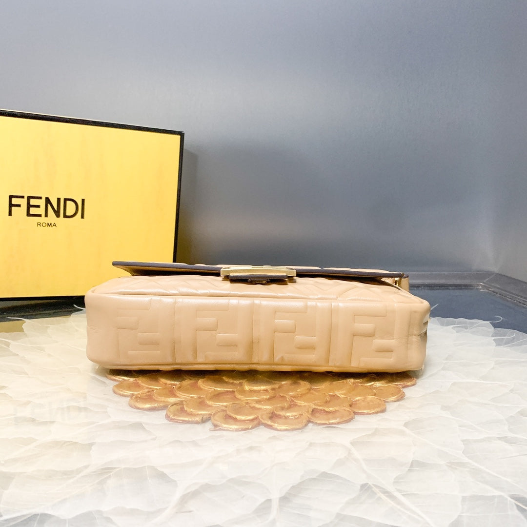 Fendi Baguette Embossed Beige Leather Shoulder Bag with Wide Strap