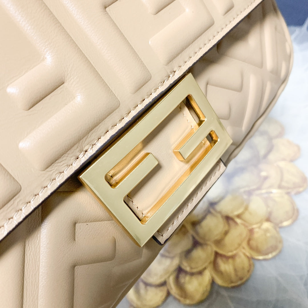 Fendi Baguette Embossed Beige Leather Shoulder Bag with Wide Strap
