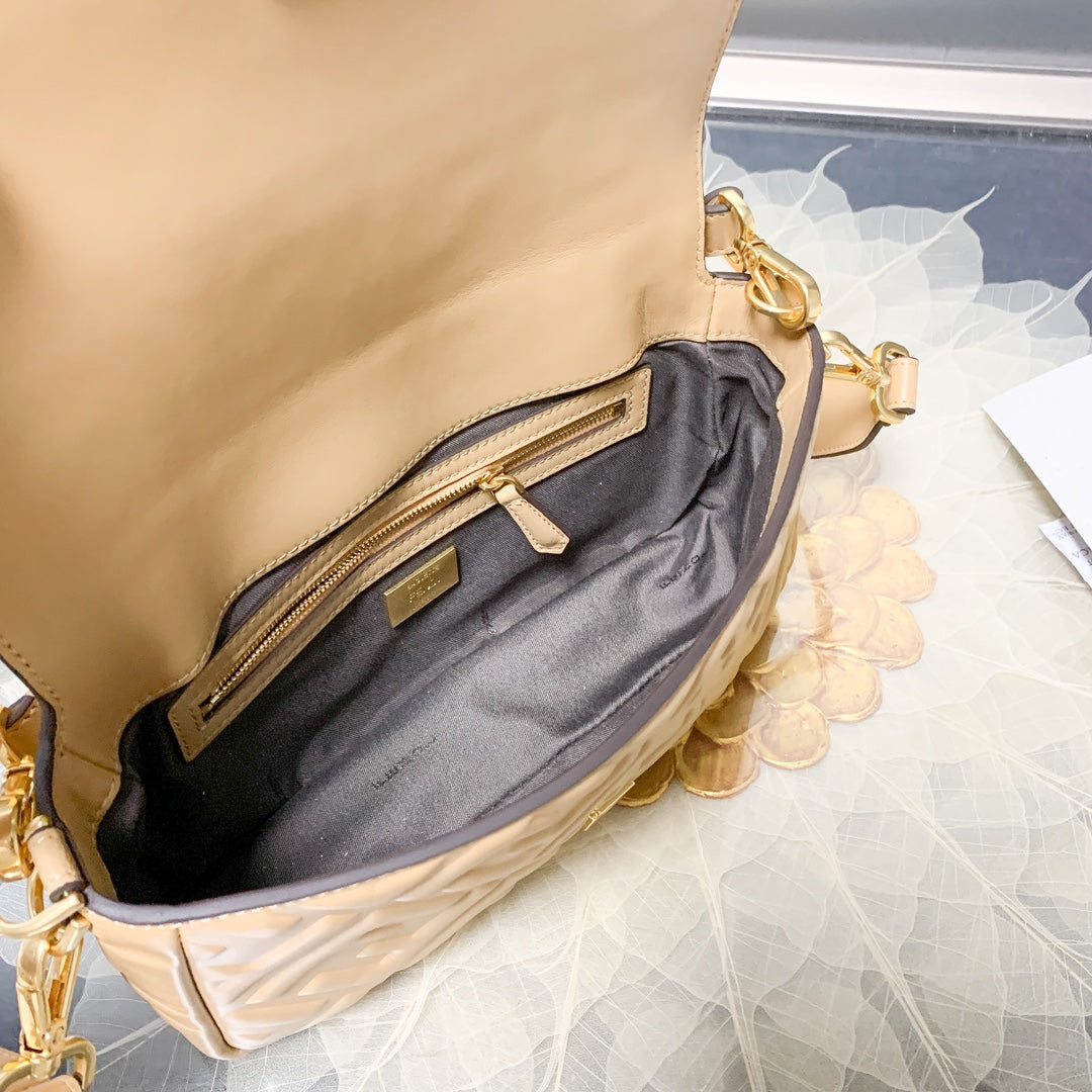 Fendi Baguette Embossed Beige Leather Shoulder Bag with Wide Strap