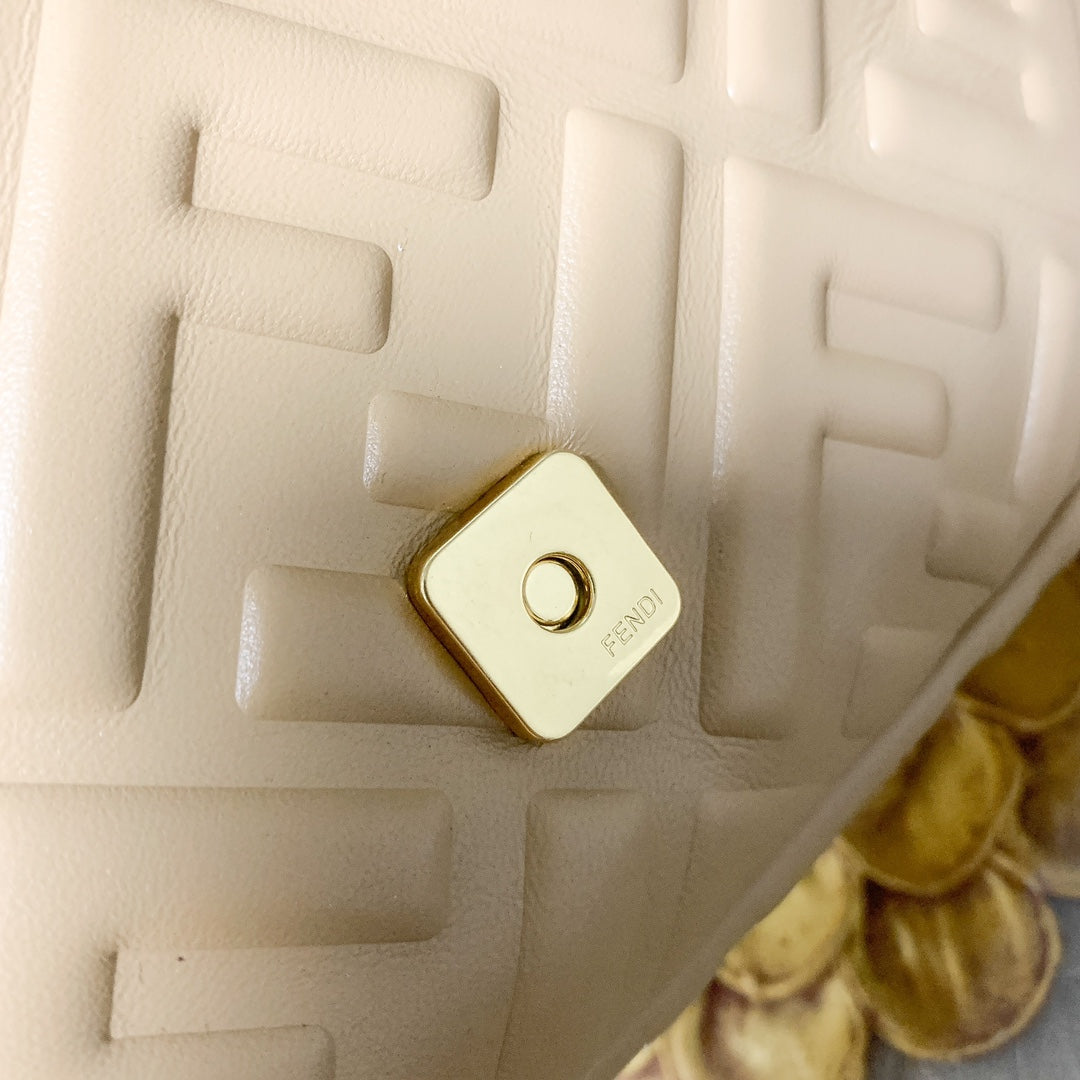 Fendi Baguette Embossed Beige Leather Shoulder Bag with Wide Strap