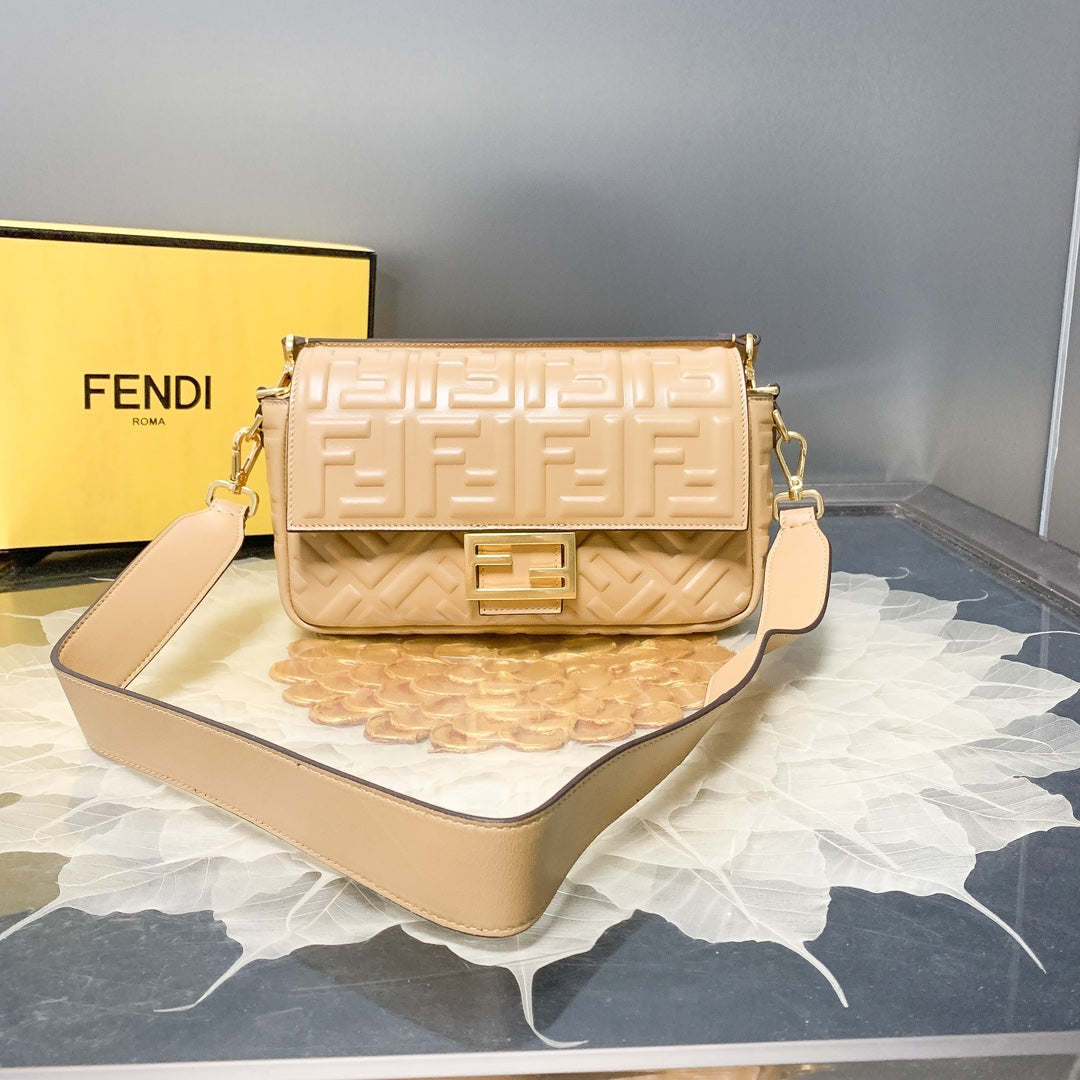 Fendi Baguette Embossed Beige Leather Shoulder Bag with Wide Strap