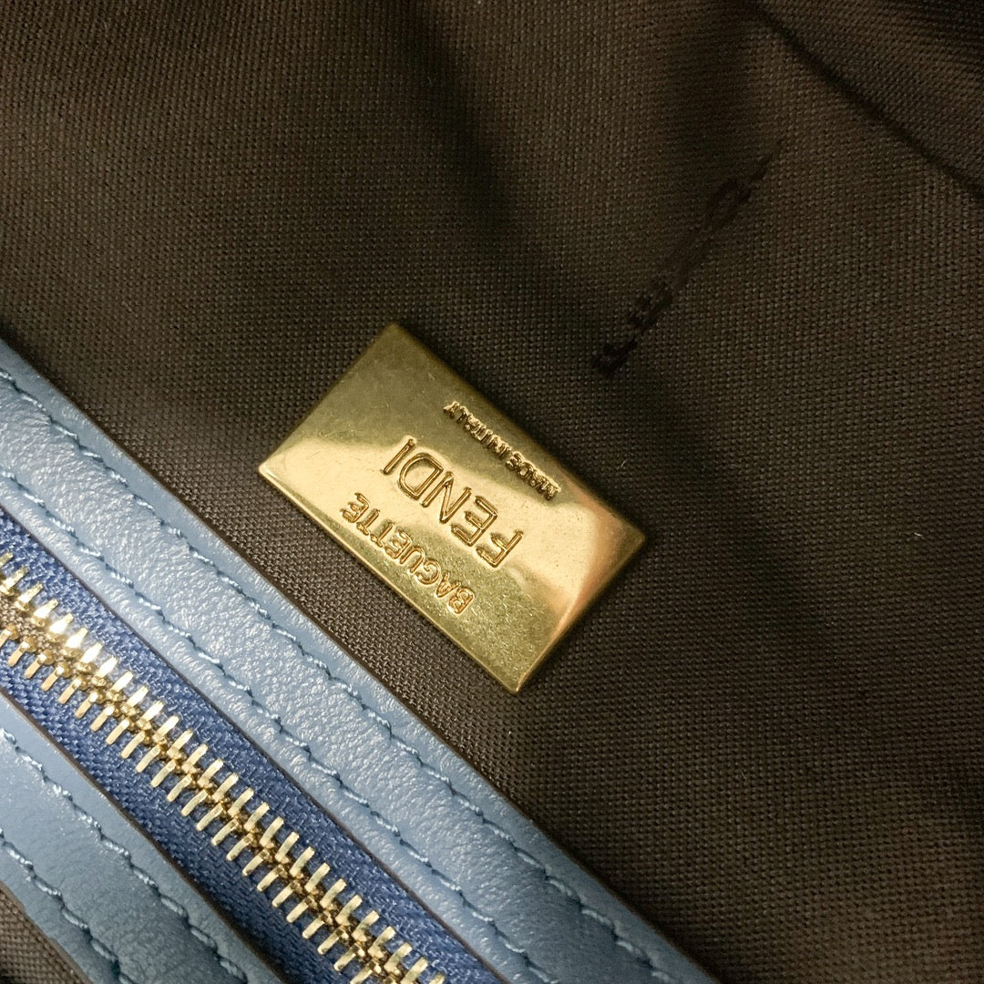 Fendi Baguette Blue Embossed FF Logo Leather Shoulder Bag with Gold Hardware