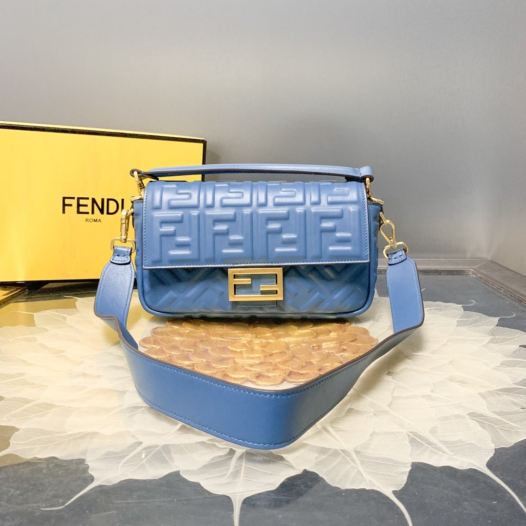 Fendi Baguette Blue Embossed FF Logo Leather Shoulder Bag with Gold Hardware