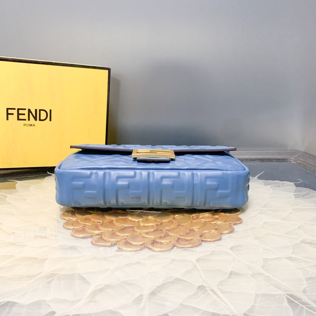 Fendi Baguette Blue Embossed FF Logo Leather Shoulder Bag with Gold Hardware