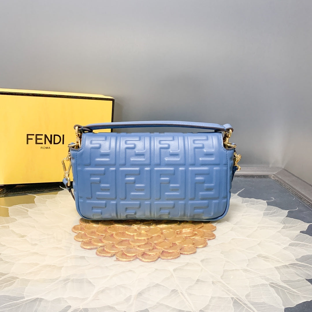 Fendi Baguette Blue Embossed FF Logo Leather Shoulder Bag with Gold Hardware