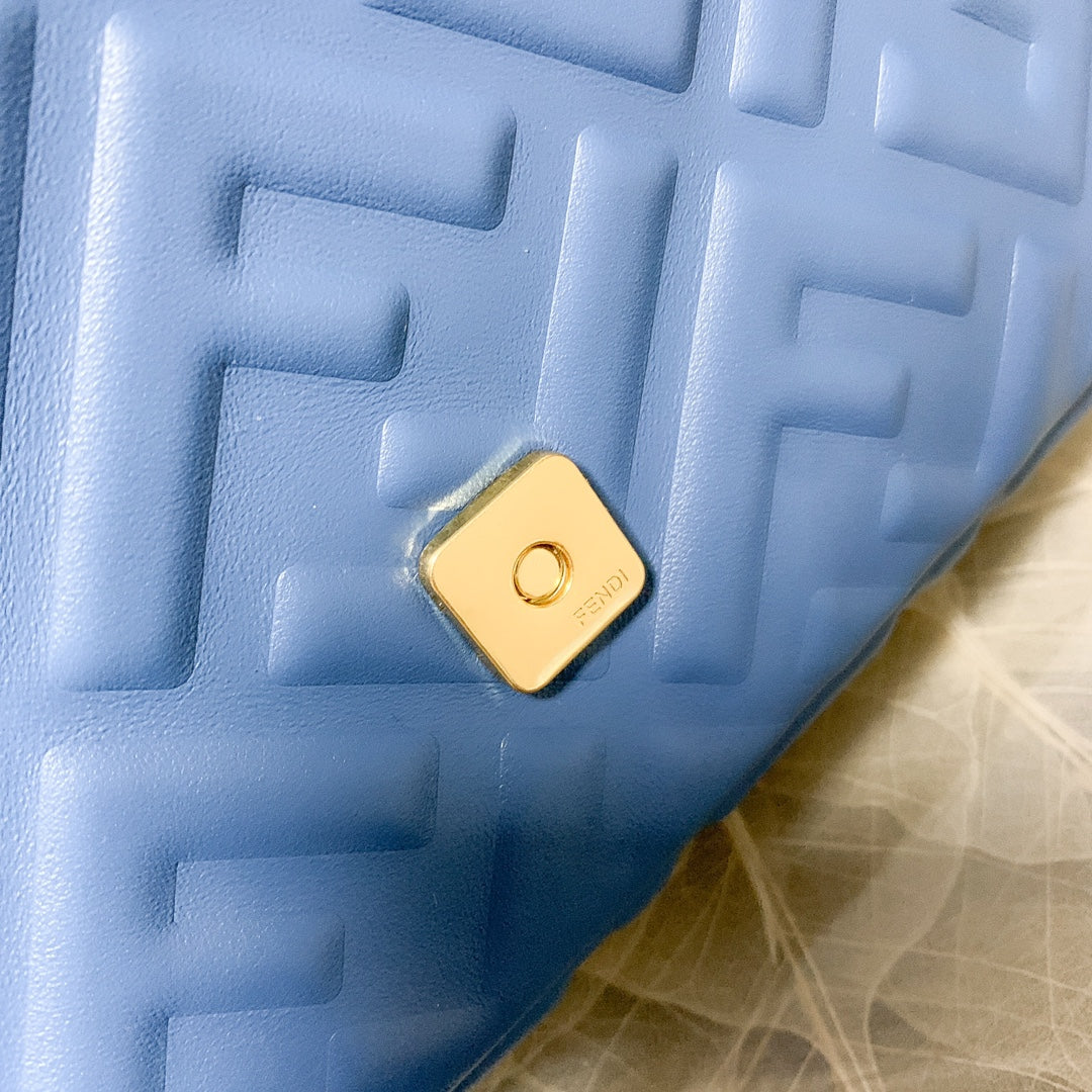 Fendi Baguette Blue Embossed FF Logo Leather Shoulder Bag with Gold Hardware