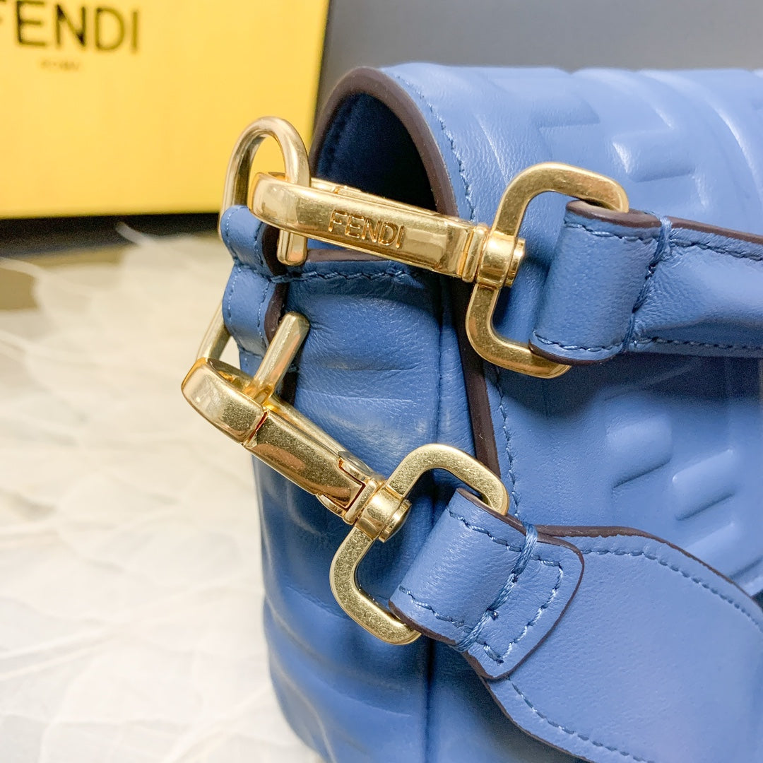 Fendi Baguette Blue Embossed FF Logo Leather Shoulder Bag with Gold Hardware