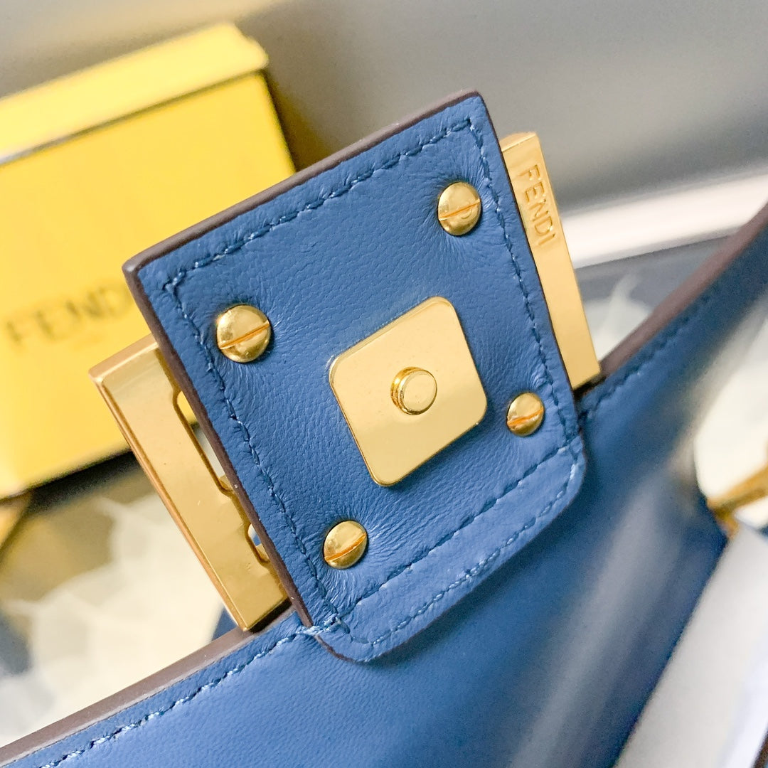 Fendi Baguette Blue Embossed FF Logo Leather Shoulder Bag with Gold Hardware