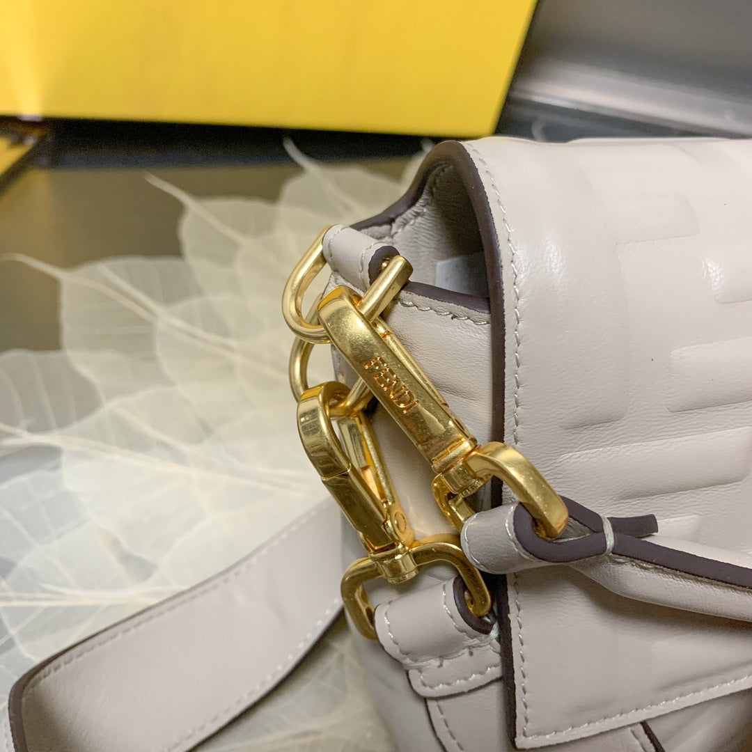 Fendi Baguette White FF Embossed Leather Shoulder Bag