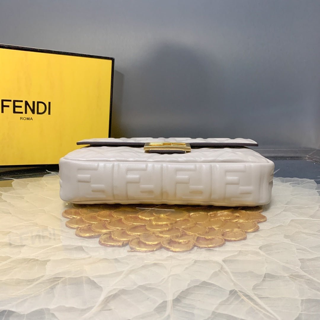 Fendi Baguette White FF Embossed Leather Shoulder Bag