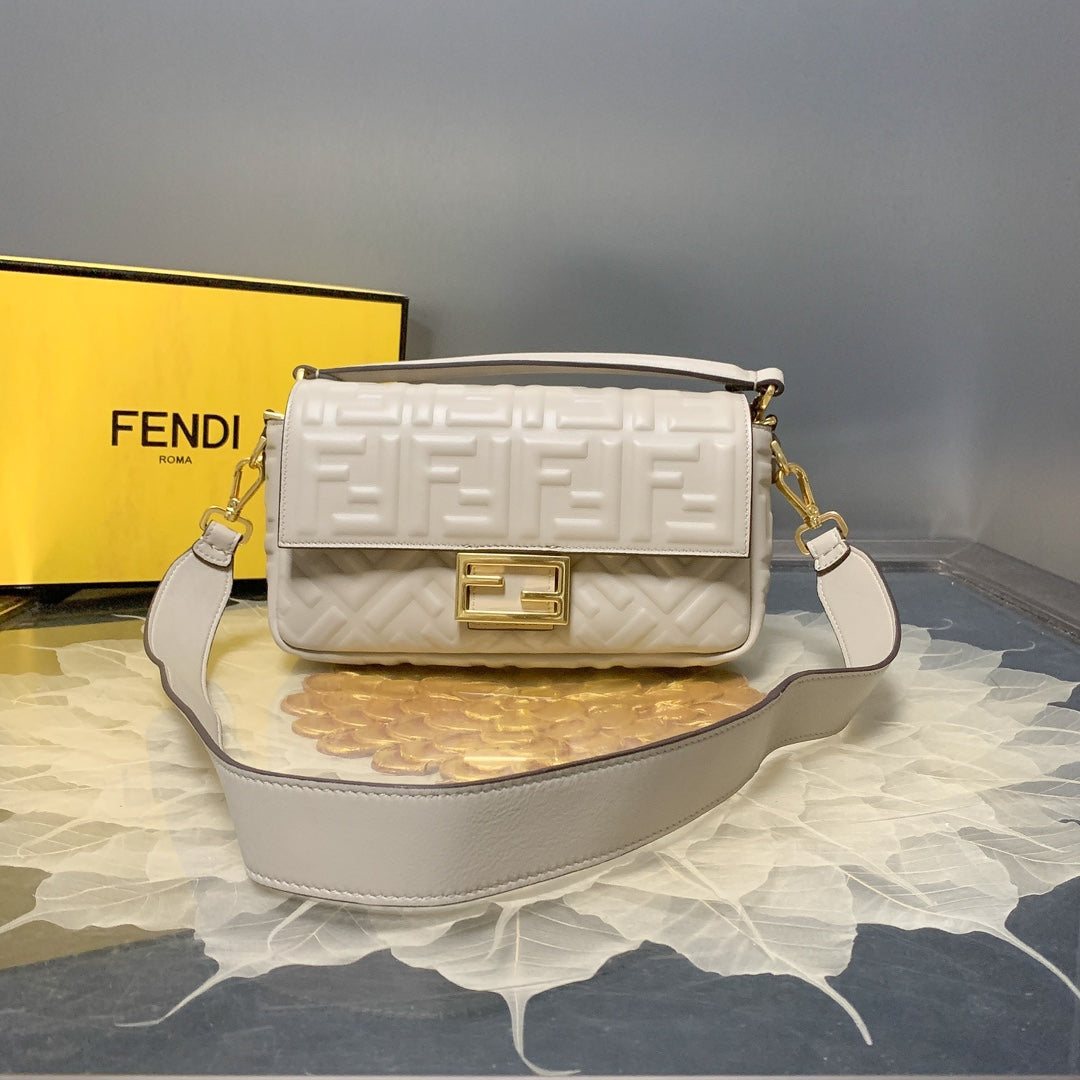 Fendi Baguette White FF Embossed Leather Shoulder Bag