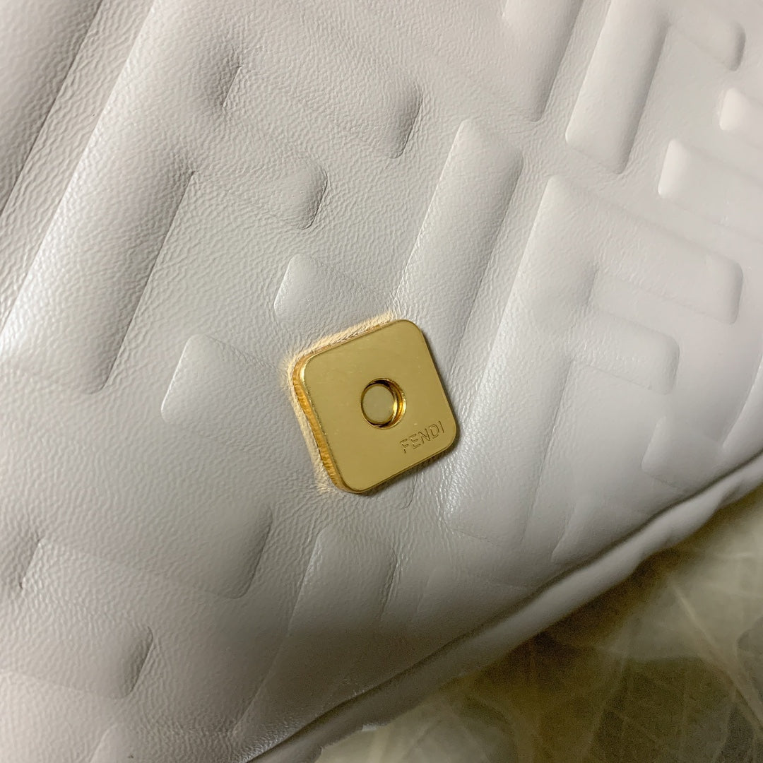 Fendi Baguette White FF Embossed Leather Shoulder Bag
