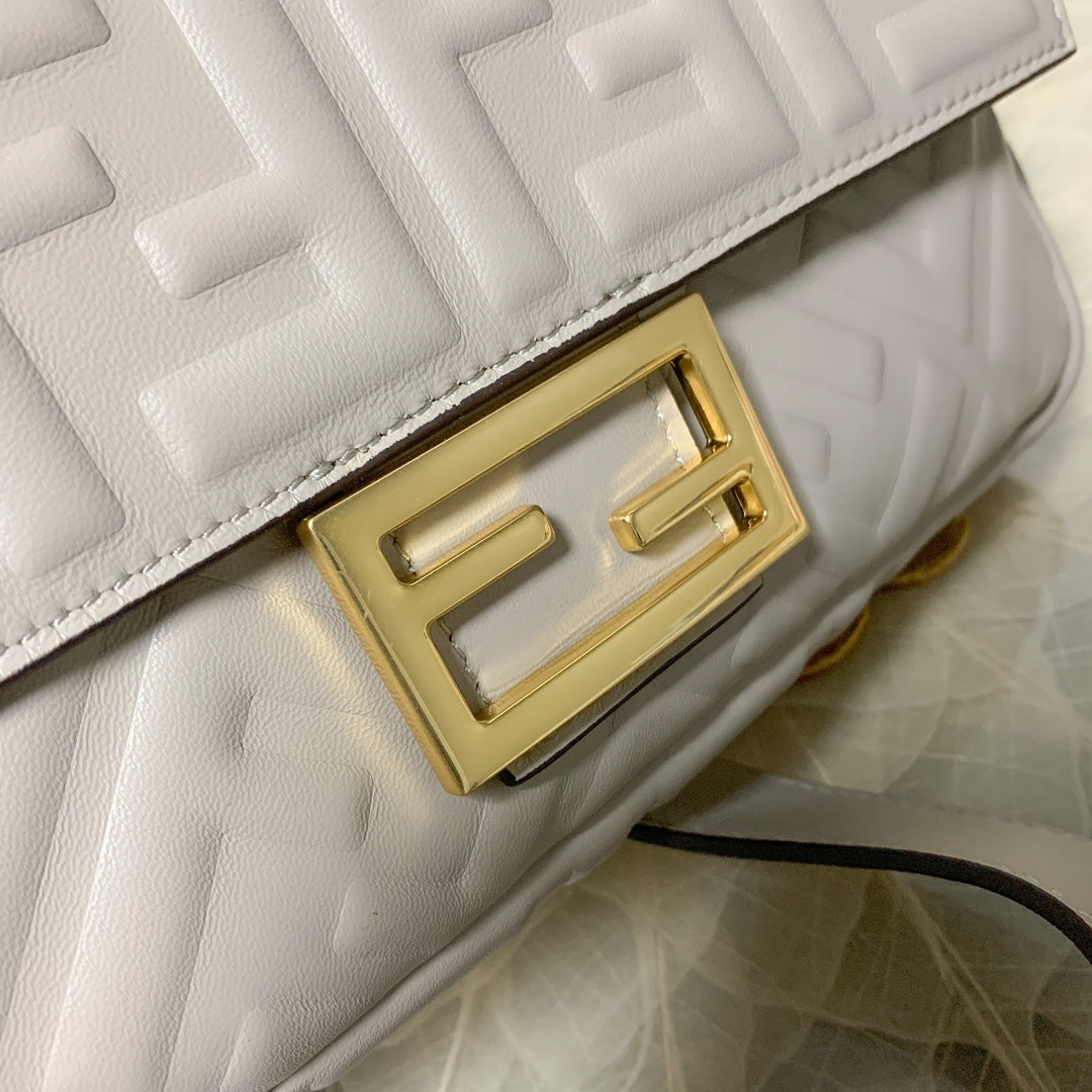 Fendi Baguette White FF Embossed Leather Shoulder Bag