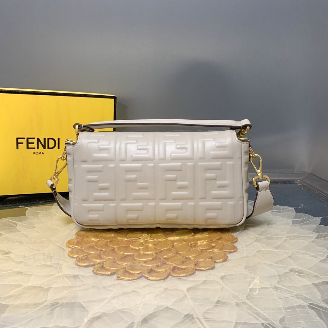 Fendi Baguette White FF Embossed Leather Shoulder Bag