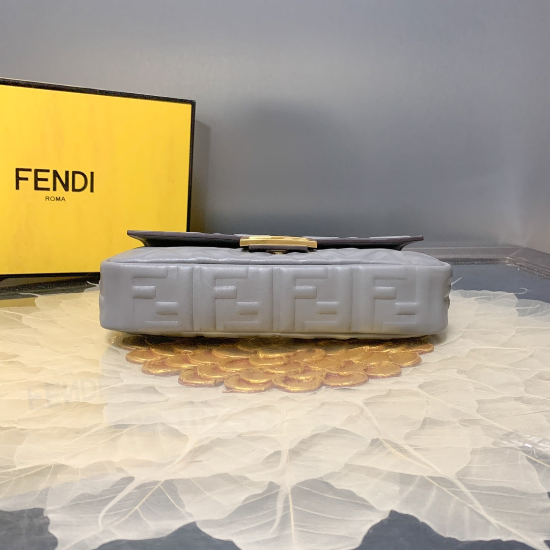 Fendi Baguette Medium Light Blue FF Embossed Leather Shoulder Bag