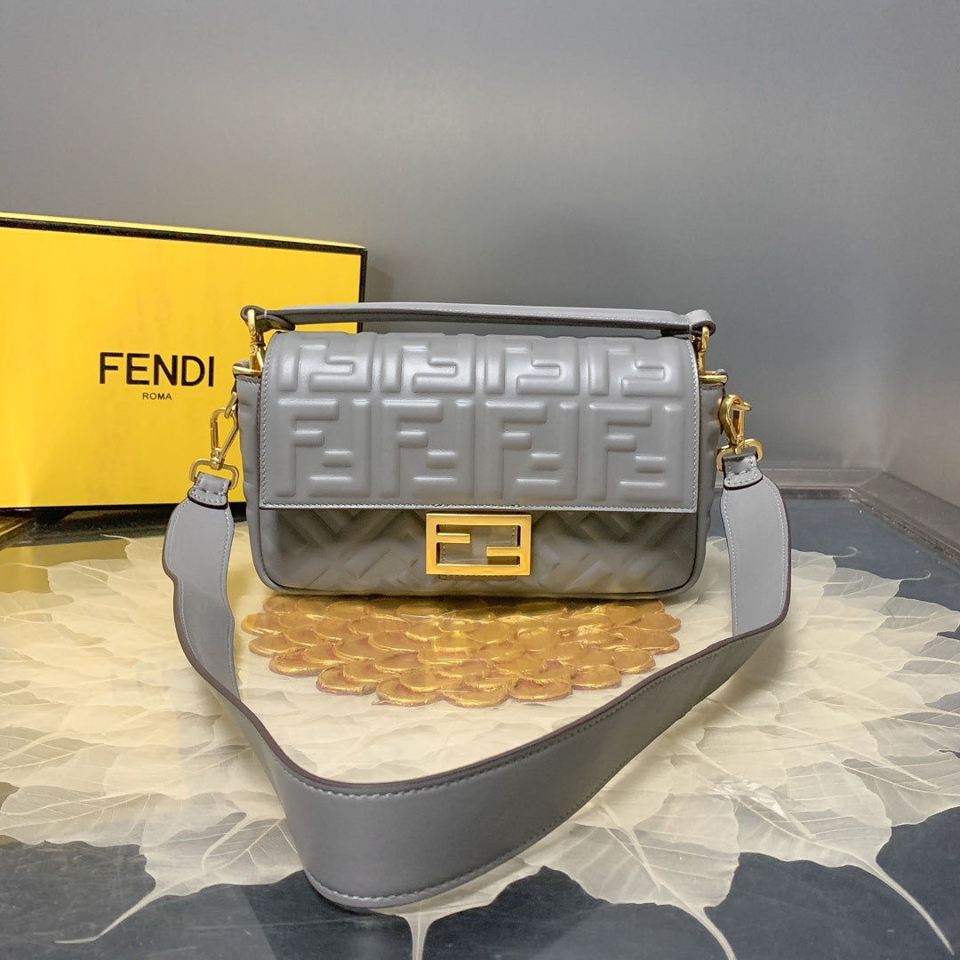 Fendi Baguette Medium Light Blue FF Embossed Leather Shoulder Bag