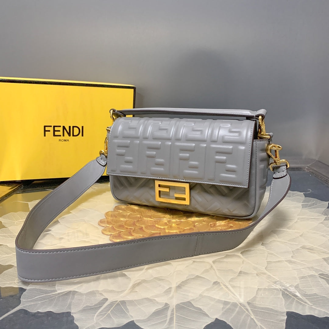 Fendi Baguette Medium Light Blue FF Embossed Leather Shoulder Bag