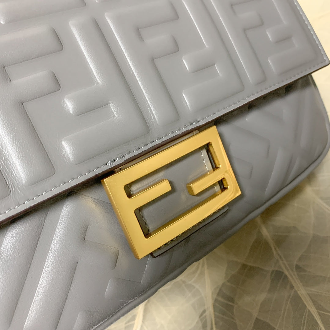 Fendi Baguette Medium Light Blue FF Embossed Leather Shoulder Bag