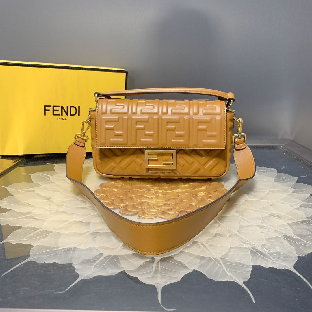 Fendi Baguette Medium Embossed Leather Shoulder Bag - Tan