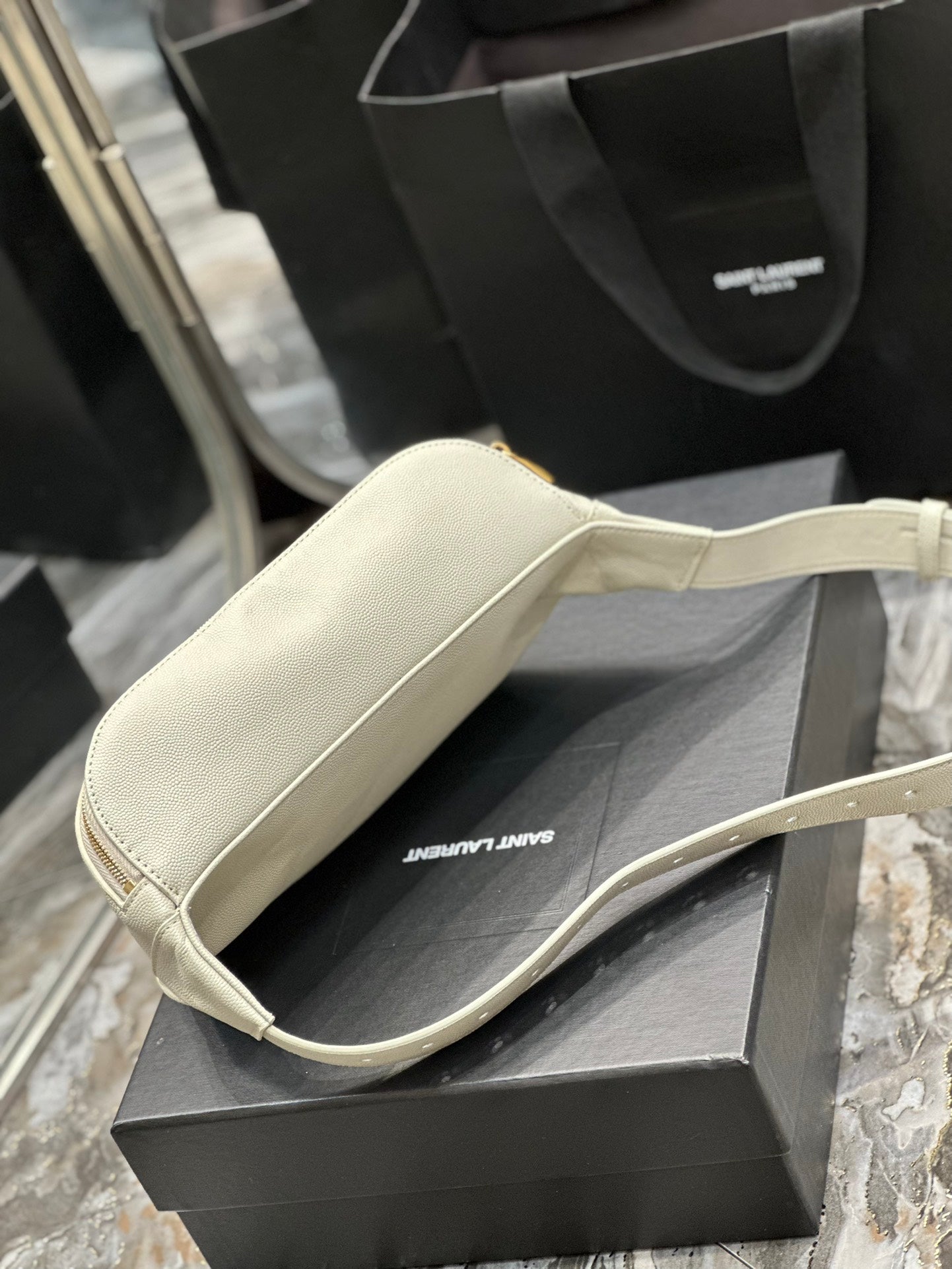 Saint Laurent Cassandre Leather Belt Bag - White with Gold-Tone Hardware