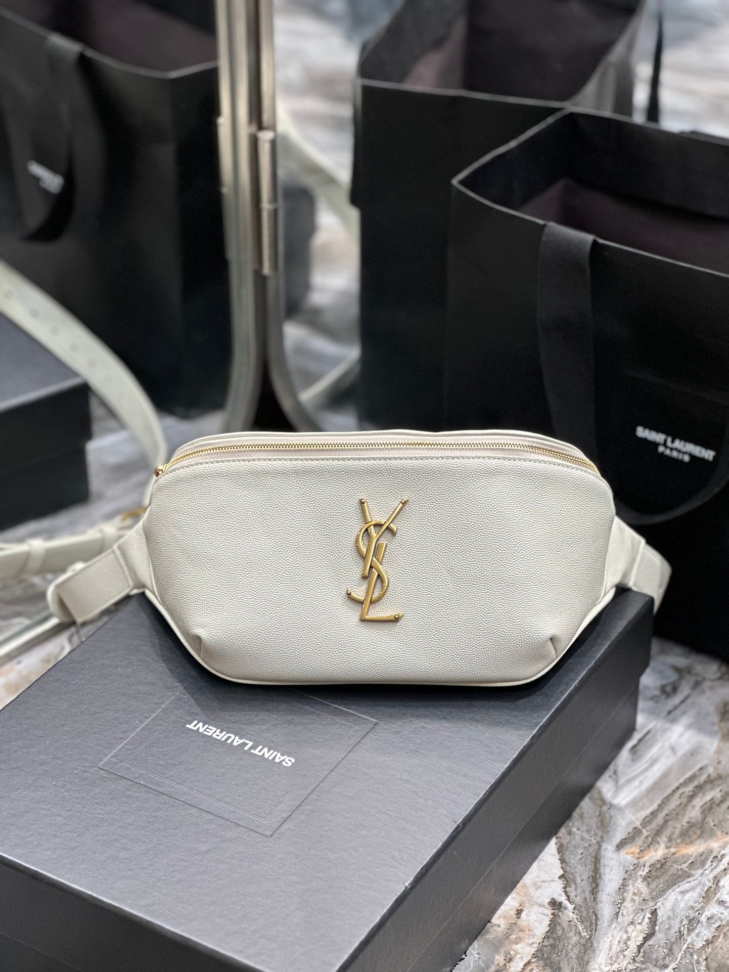 Saint Laurent Cassandre Leather Belt Bag - White with Gold-Tone Hardware