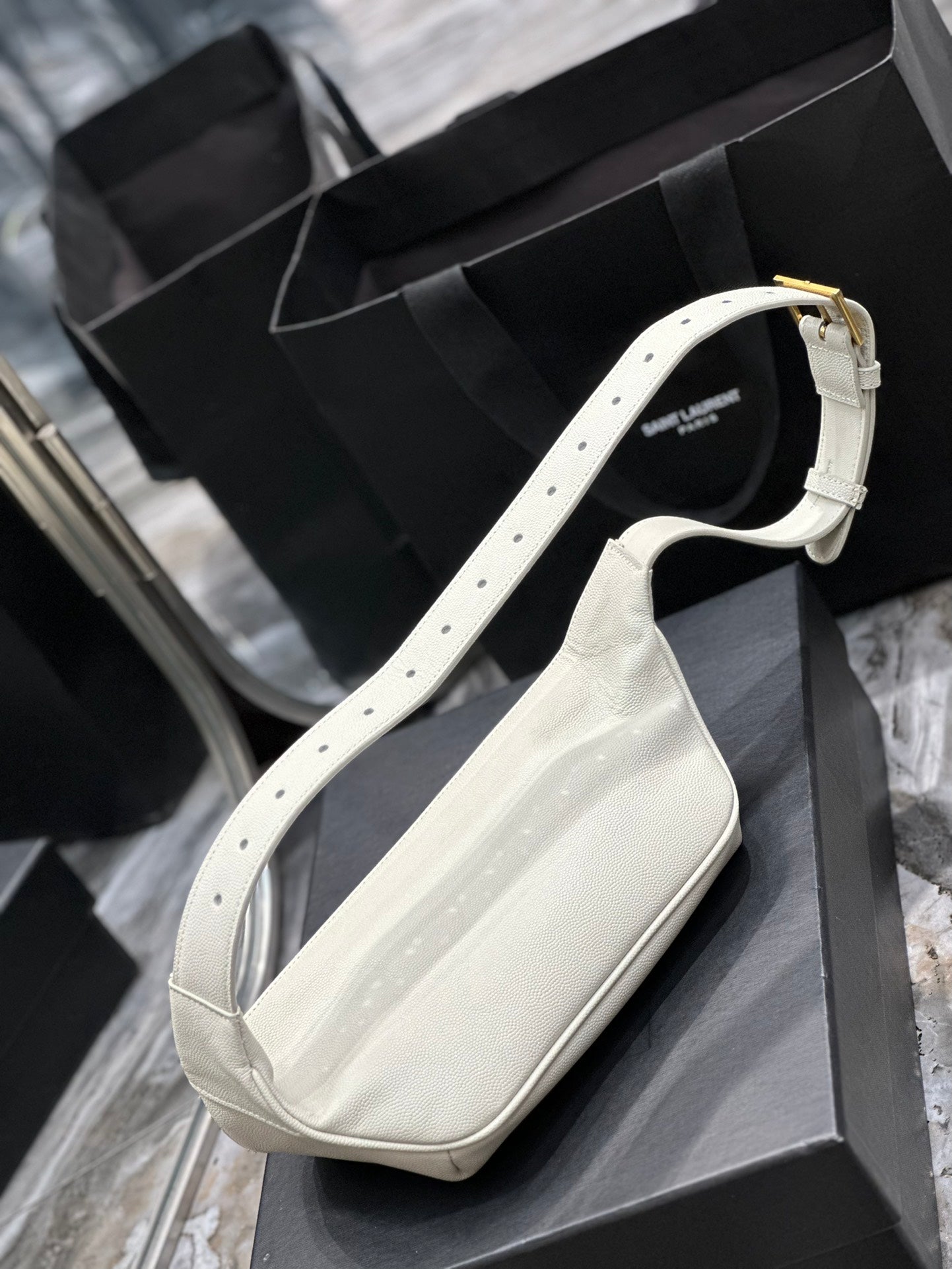 Saint Laurent Cassandre Belt Bag in Cream Leather with Gold Hardware