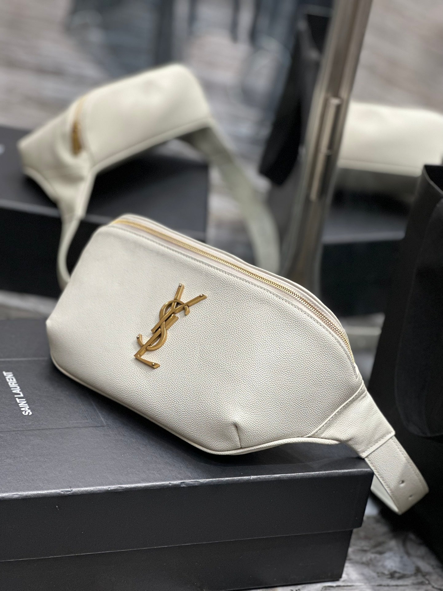 Saint Laurent Cassandre Leather Belt Bag - White with Gold-Tone Hardware