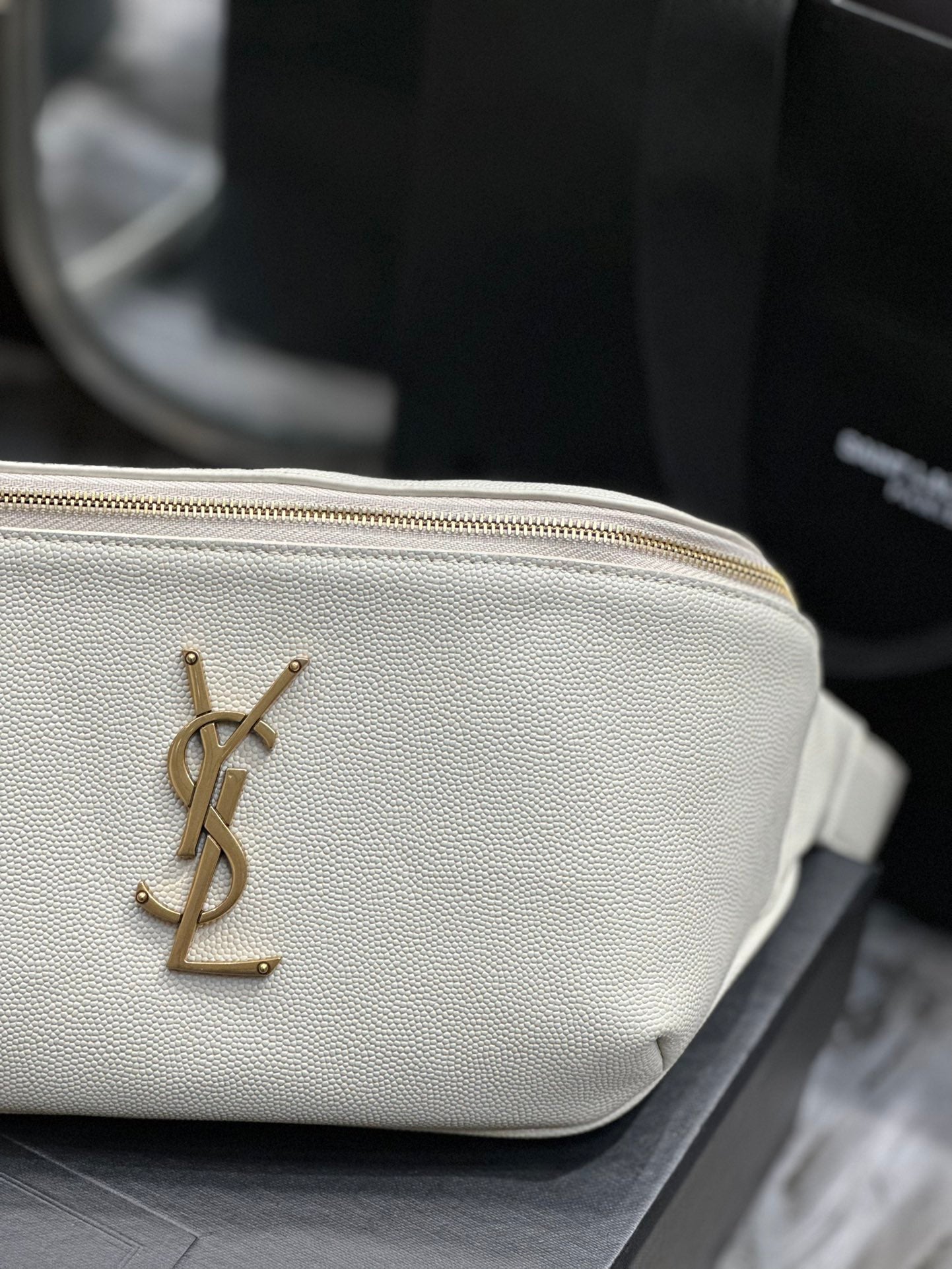 Saint Laurent Cassandre Belt Bag in Cream Leather with Gold Hardware