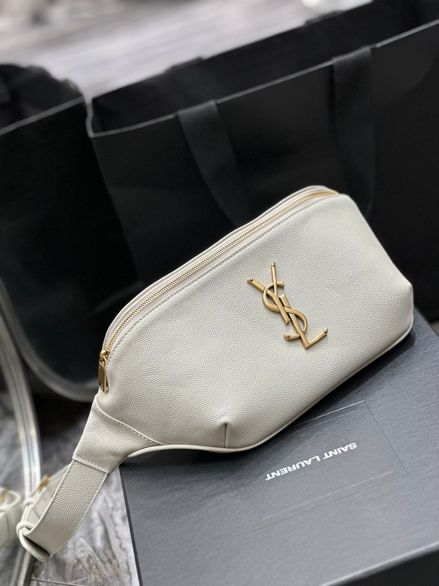 Saint Laurent Cassandre Belt Bag in Cream Leather with Gold Hardware