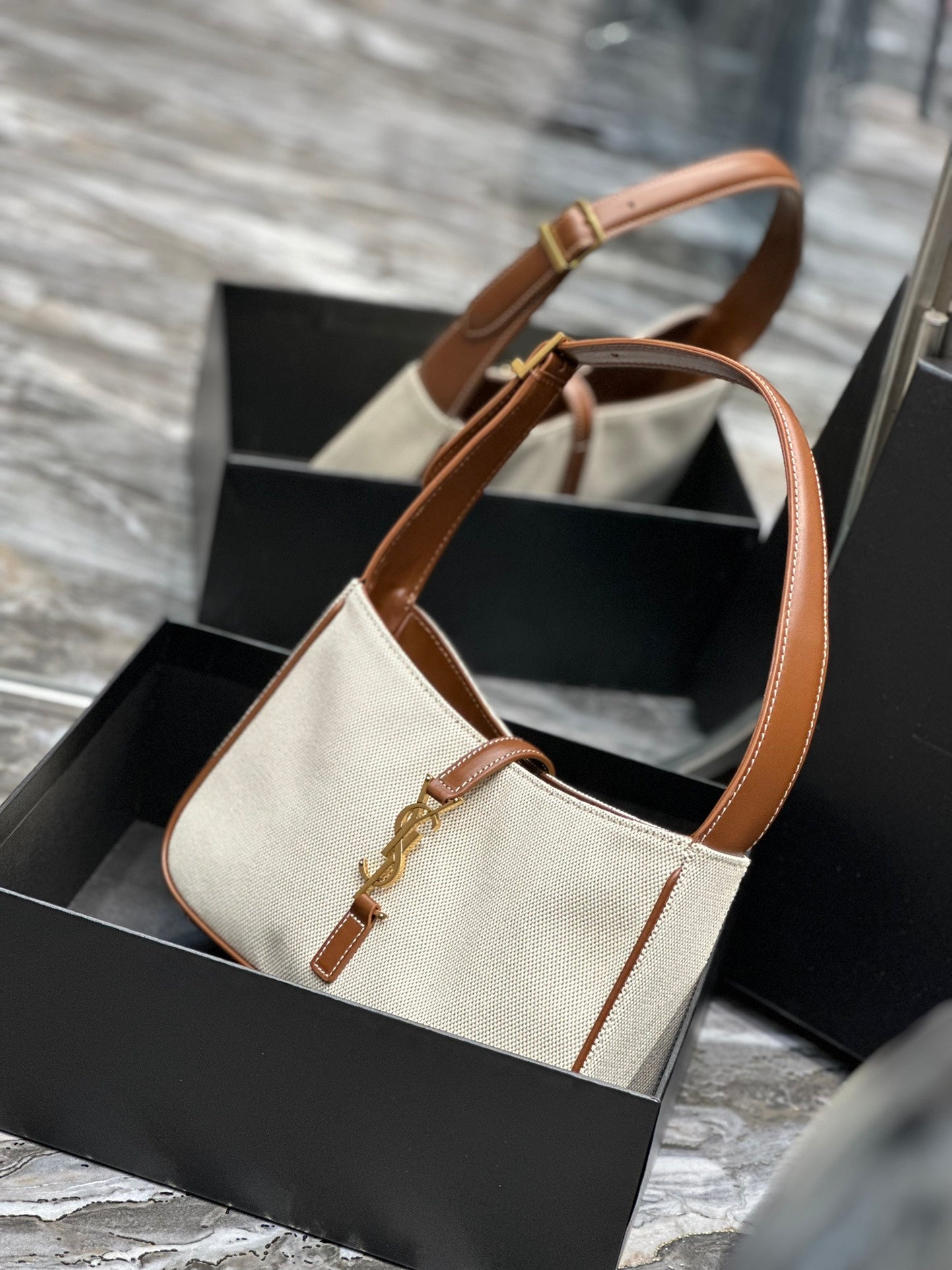 Saint Laurent LE 5 À 7 Hobo Bag in Canvas and Smooth Leather - Beige/Brown