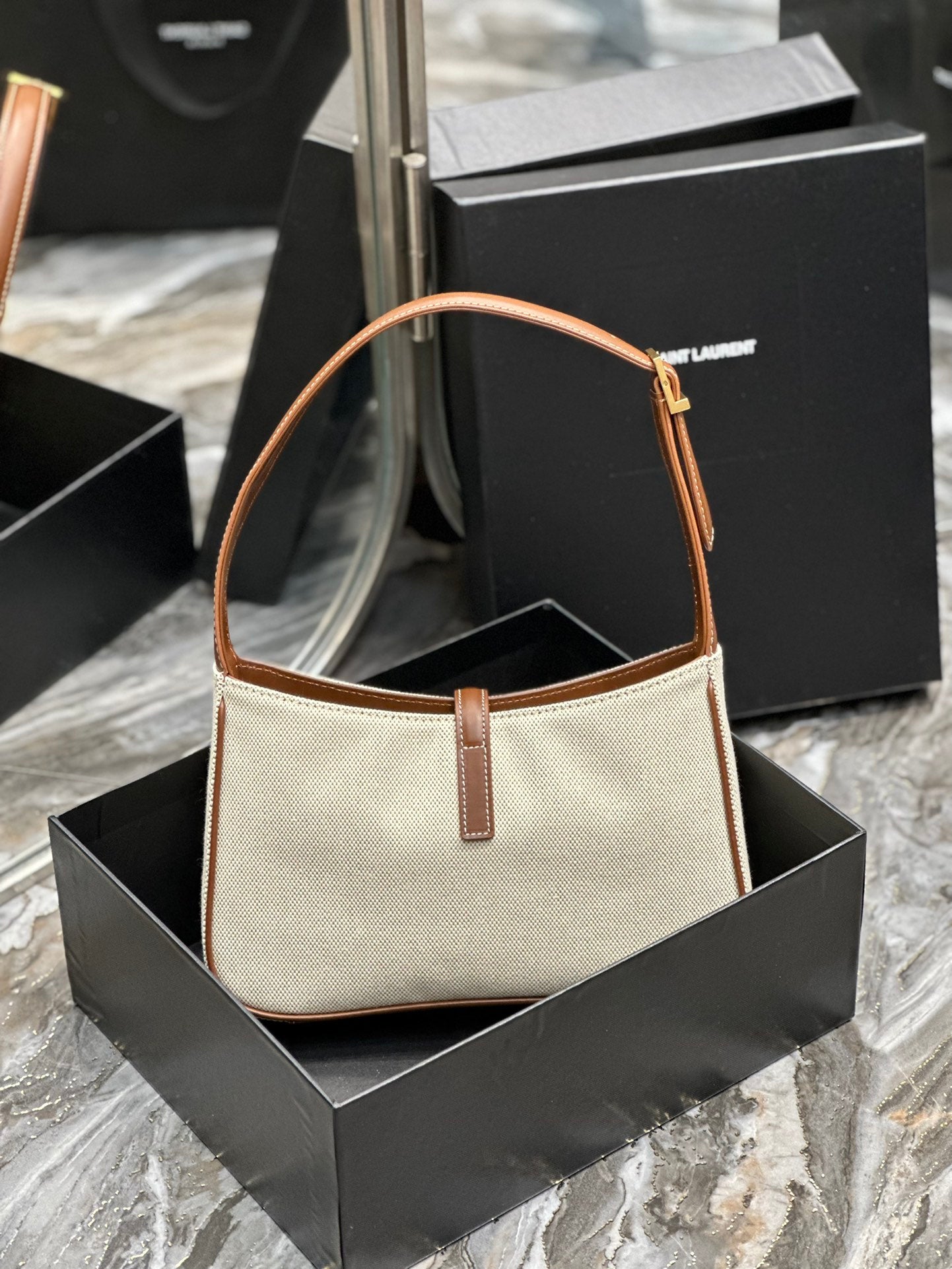 Saint Laurent LE 5 À 7 Hobo Bag in Canvas and Smooth Leather - Beige/Brown