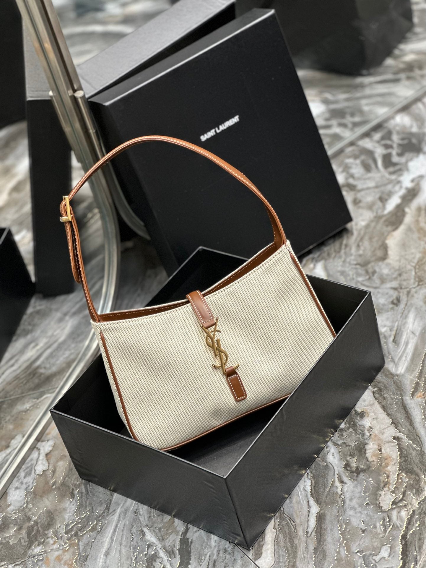 Saint Laurent LE 5 À 7 Hobo Bag in Canvas and Smooth Leather - Beige/Brown