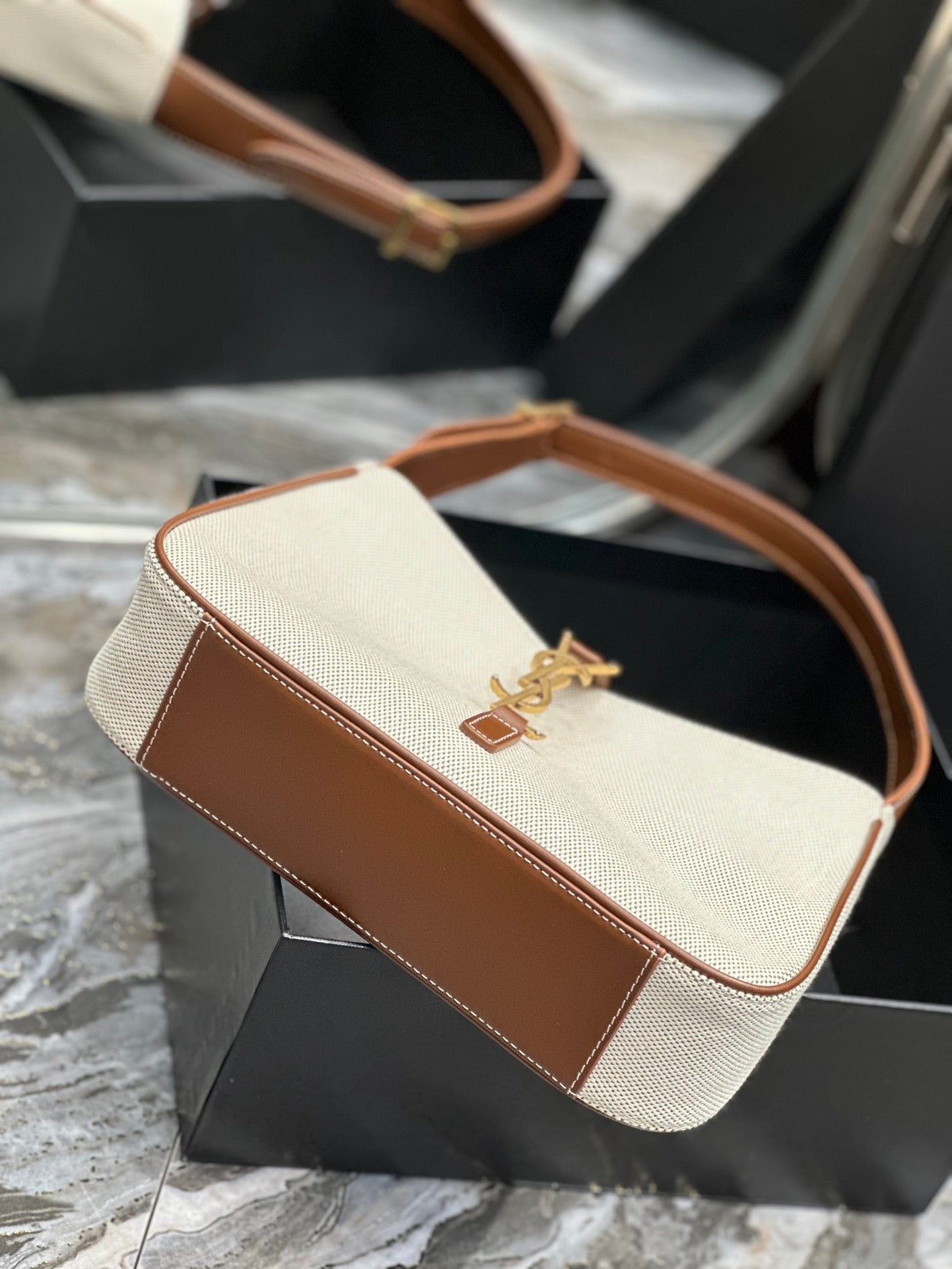 Saint Laurent LE 5 À 7 Hobo Bag in Canvas and Smooth Leather - Beige/Brown