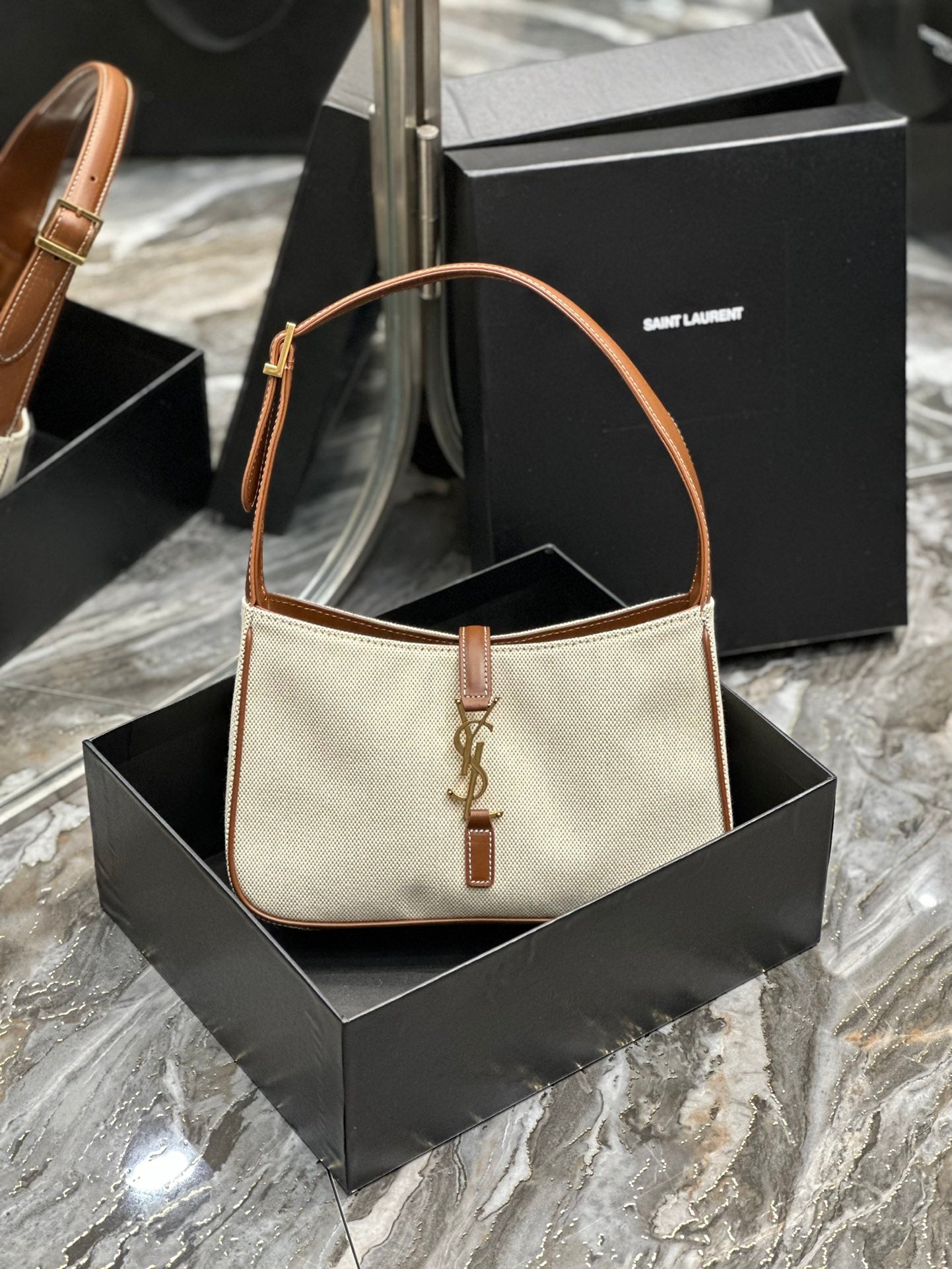 Saint Laurent LE 5 À 7 Hobo Bag in Canvas and Smooth Leather - Beige/Brown