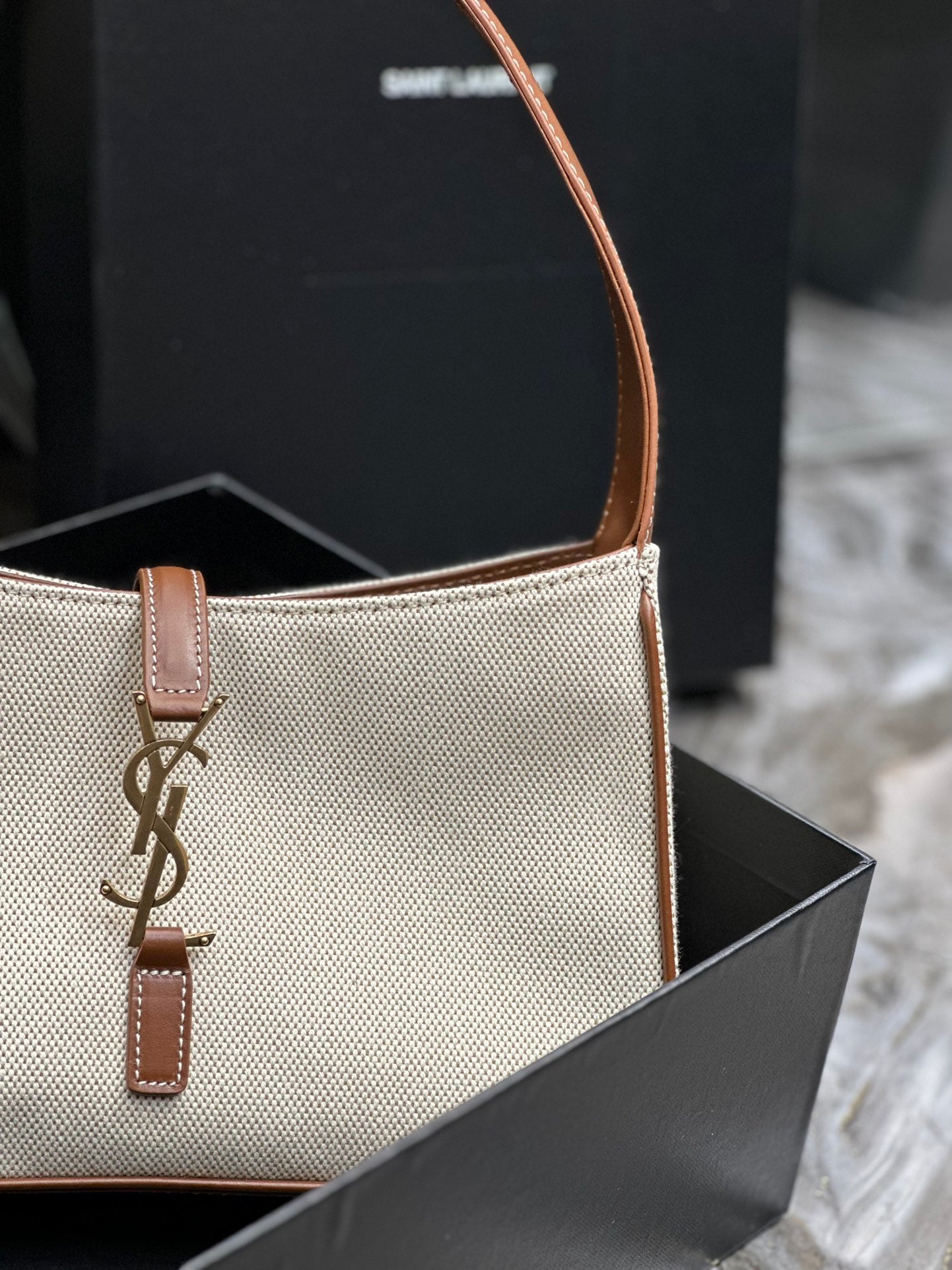 Saint Laurent LE 5 À 7 Hobo Bag in Canvas and Smooth Leather - Beige/Brown