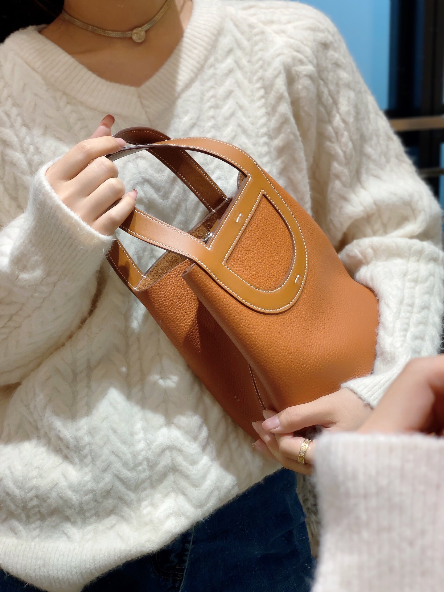 Women's Tan Leather Bucket Handbag - Minimalist Tote with Unique Cutout Handle