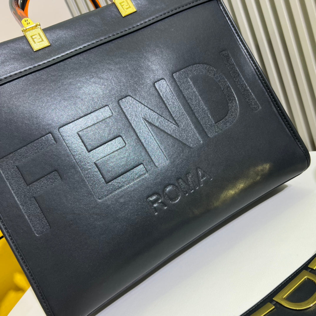 Fendi Sunshine Medium Shopper Bag - Black Leather Tote with Tortoiseshell Handles