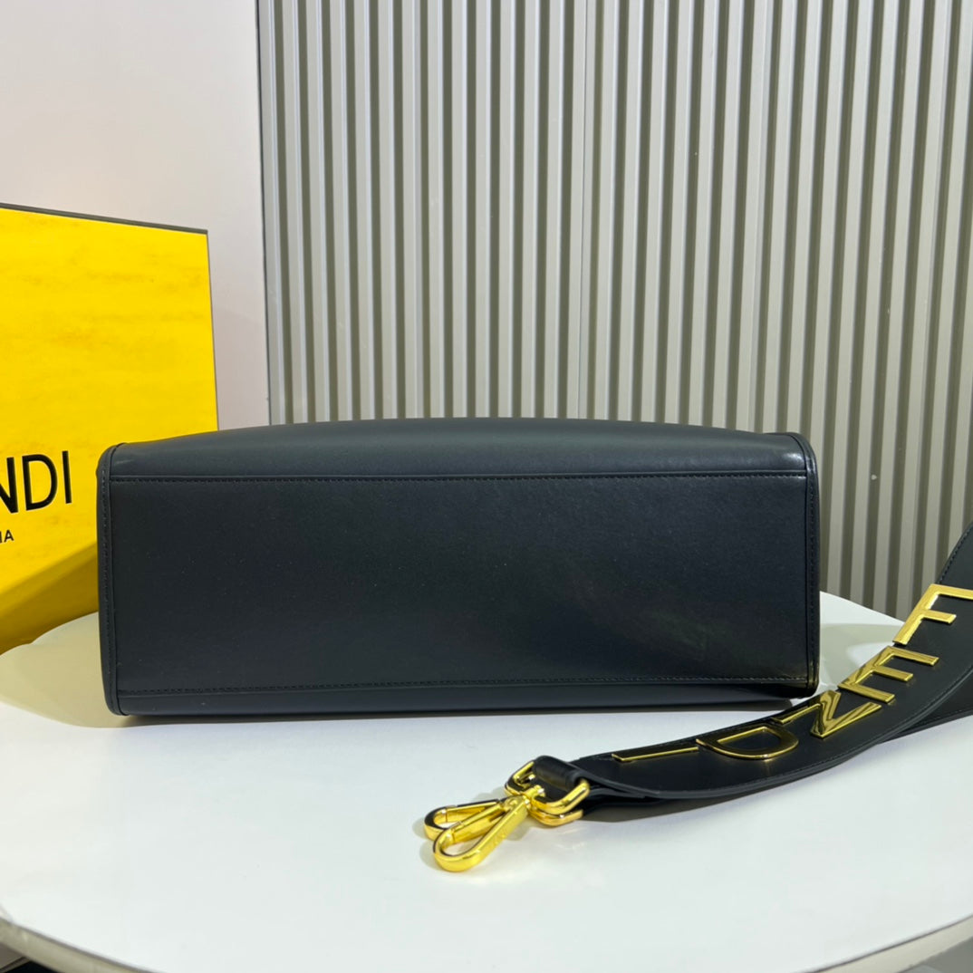 Fendi Sunshine Medium Shopper Bag - Black Leather Tote with Tortoiseshell Handles