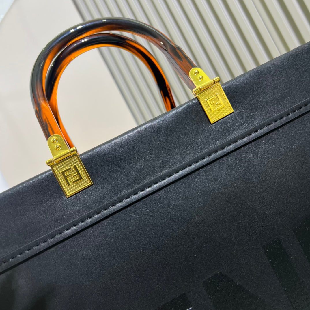 Fendi Sunshine Medium Shopper Bag - Black Leather Tote with Tortoiseshell Handles