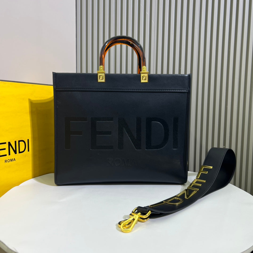 Fendi Sunshine Medium Shopper Bag - Black Leather Tote with Tortoiseshell Handles