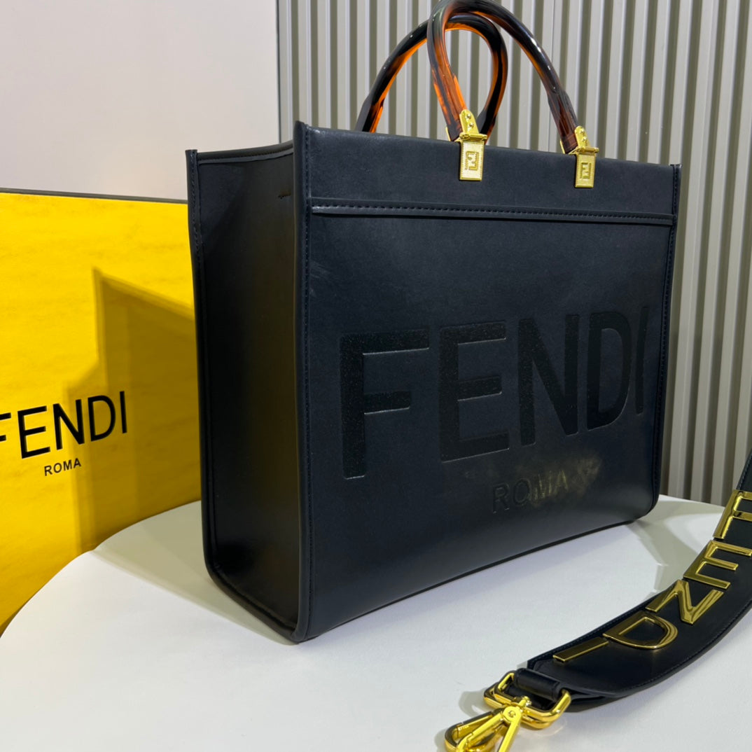 Fendi Sunshine Medium Shopper Bag - Black Leather Tote with Tortoiseshell Handles