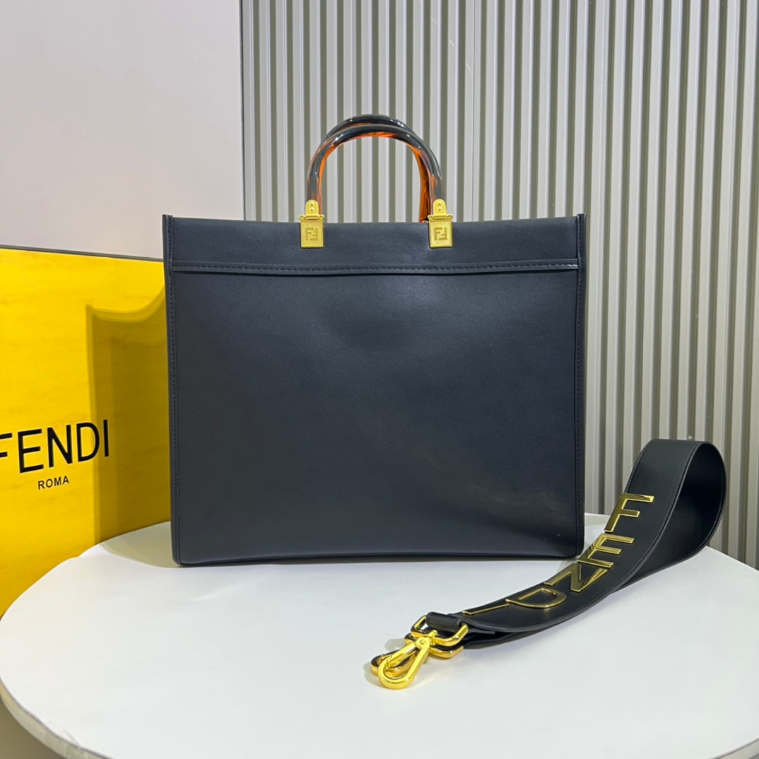 Fendi Sunshine Medium Shopper Bag - Black Leather Tote with Tortoiseshell Handles
