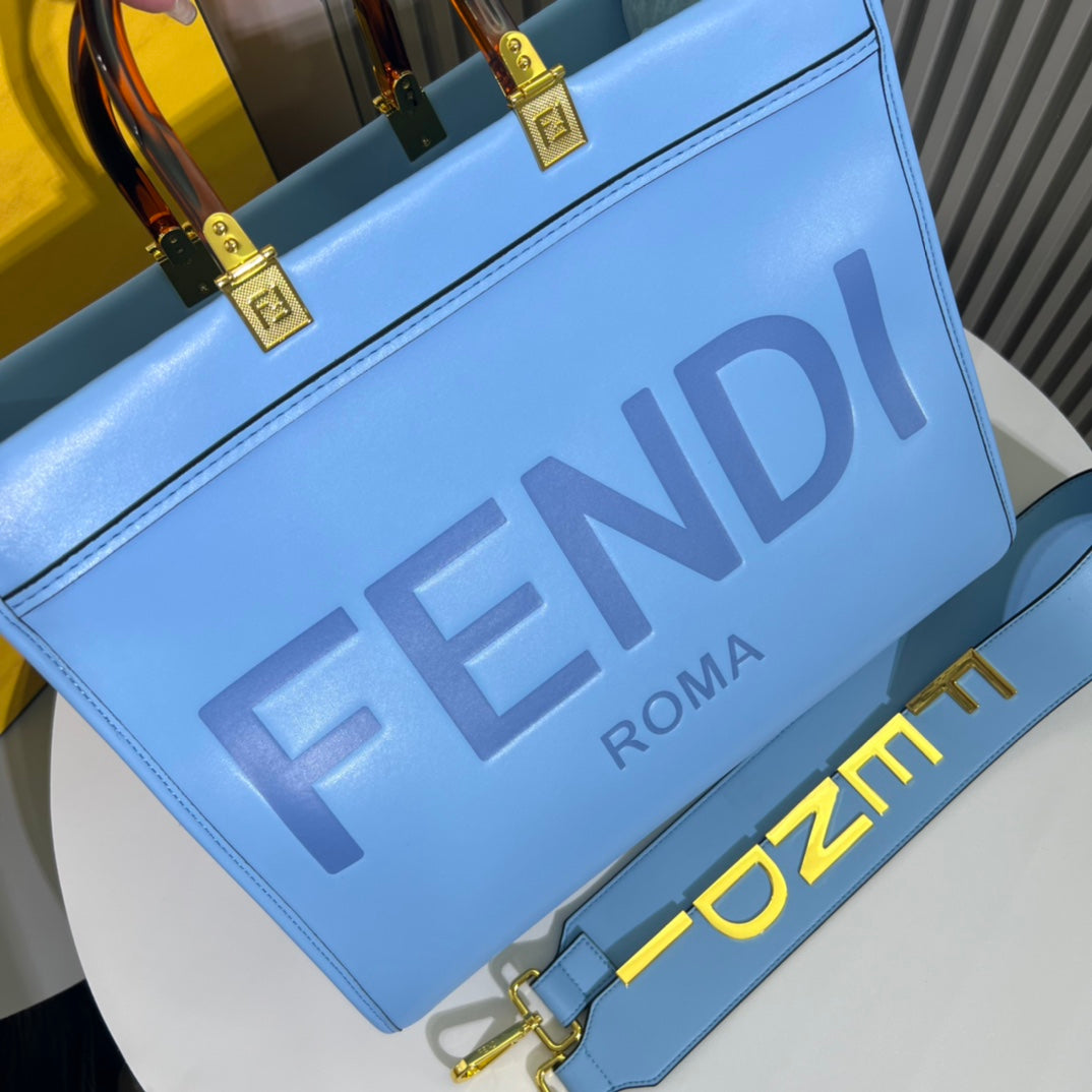 Fendi Sunshine Medium Light Blue Leather Tote Bag with Tortoiseshell Handles