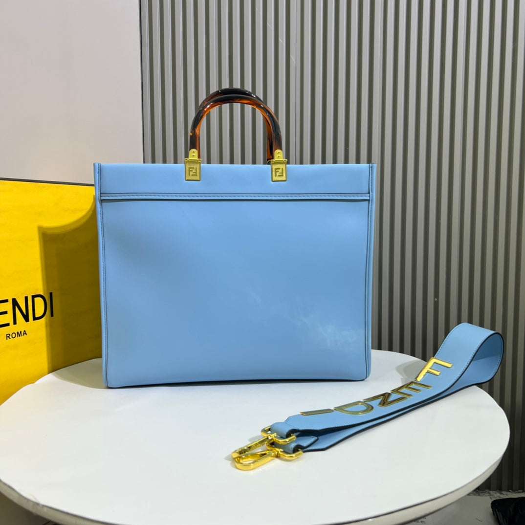 Fendi Sunshine Medium Light Blue Leather Tote Bag with Tortoiseshell Handles