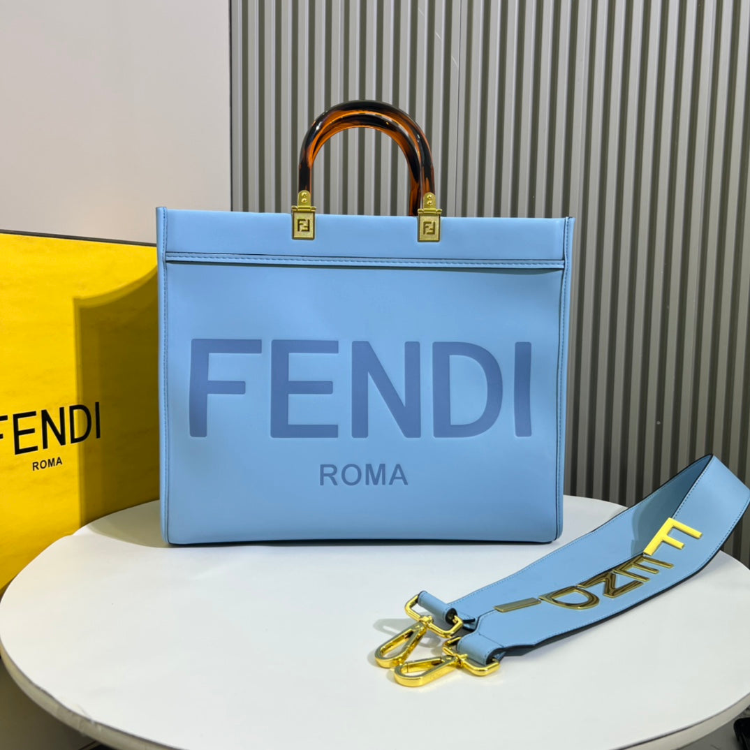 Fendi Sunshine Medium Light Blue Leather Tote Bag with Tortoiseshell Handles