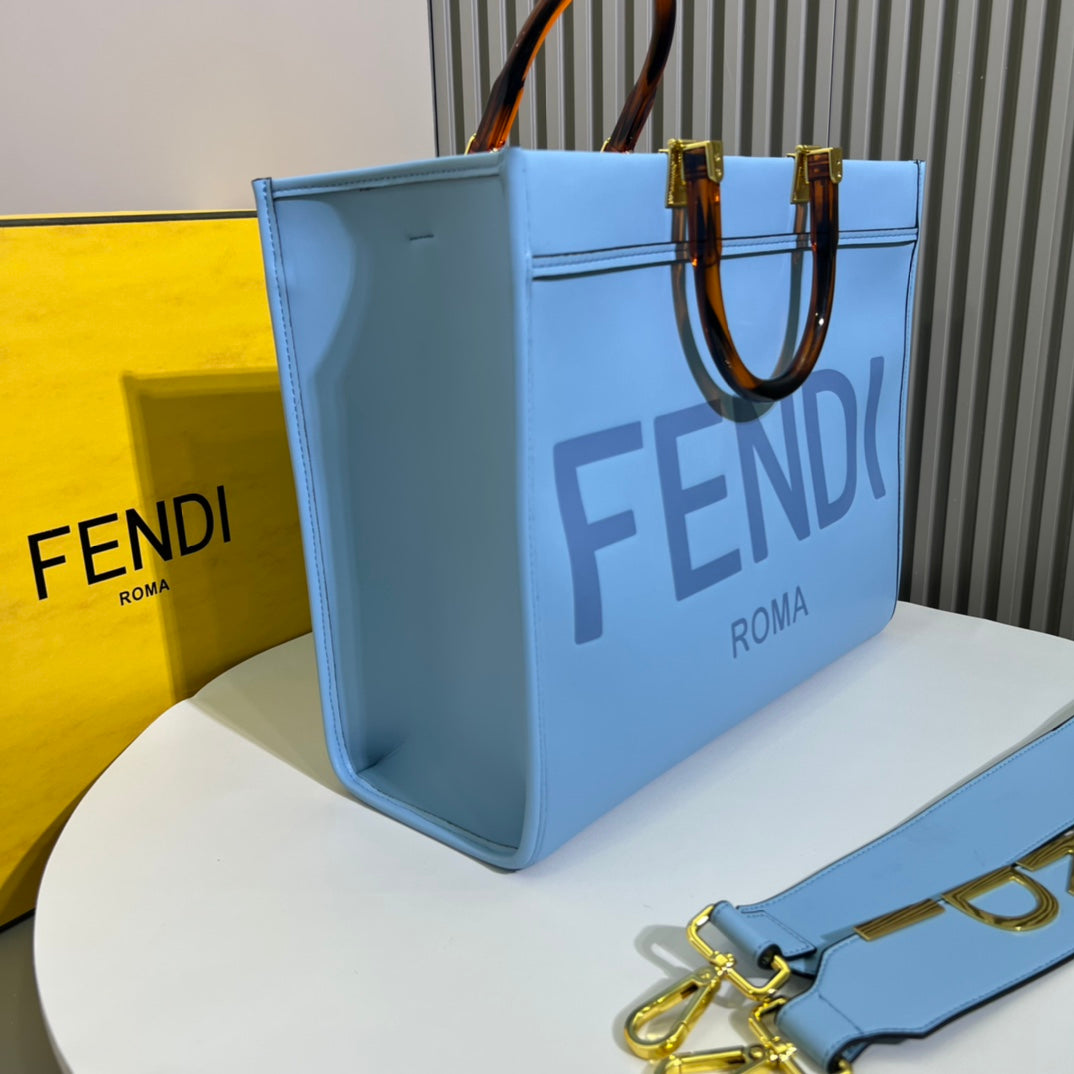 Fendi Sunshine Medium Light Blue Leather Tote Bag with Tortoiseshell Handles