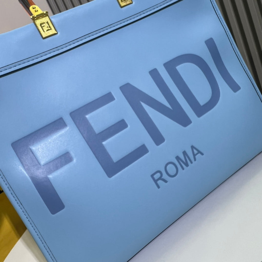 Fendi Sunshine Medium Light Blue Leather Tote Bag with Tortoiseshell Handles