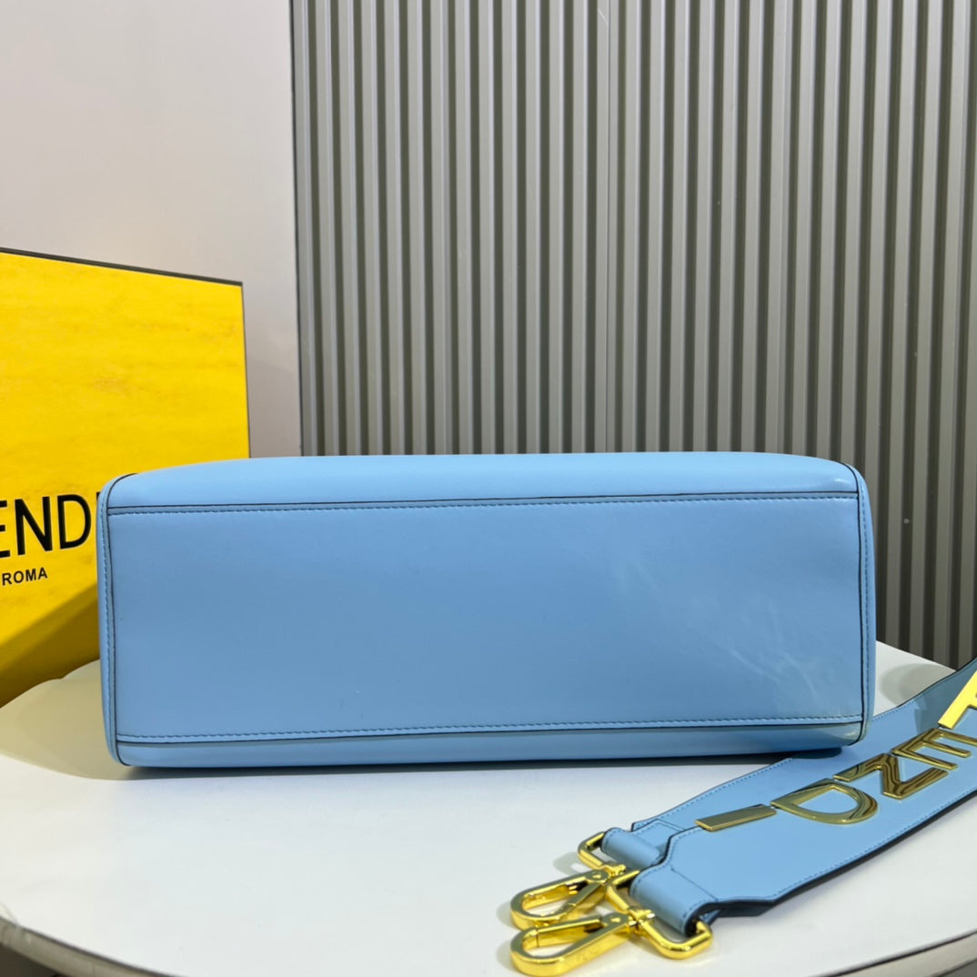 Fendi Sunshine Medium Light Blue Leather Tote Bag with Tortoiseshell Handles