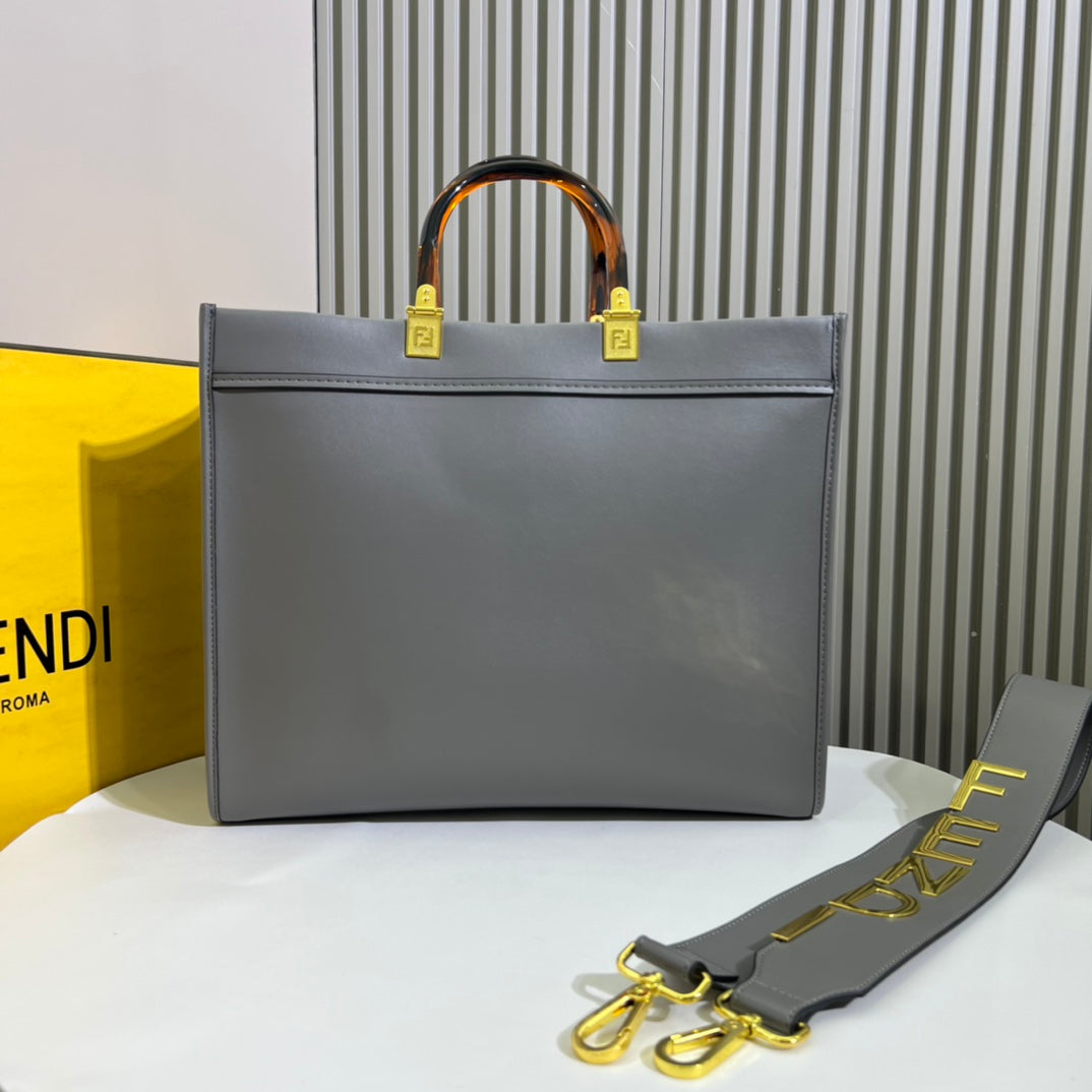 Fendi Sunshine Shopper Large Grey Leather Tote Bag with Tortoiseshell Handles